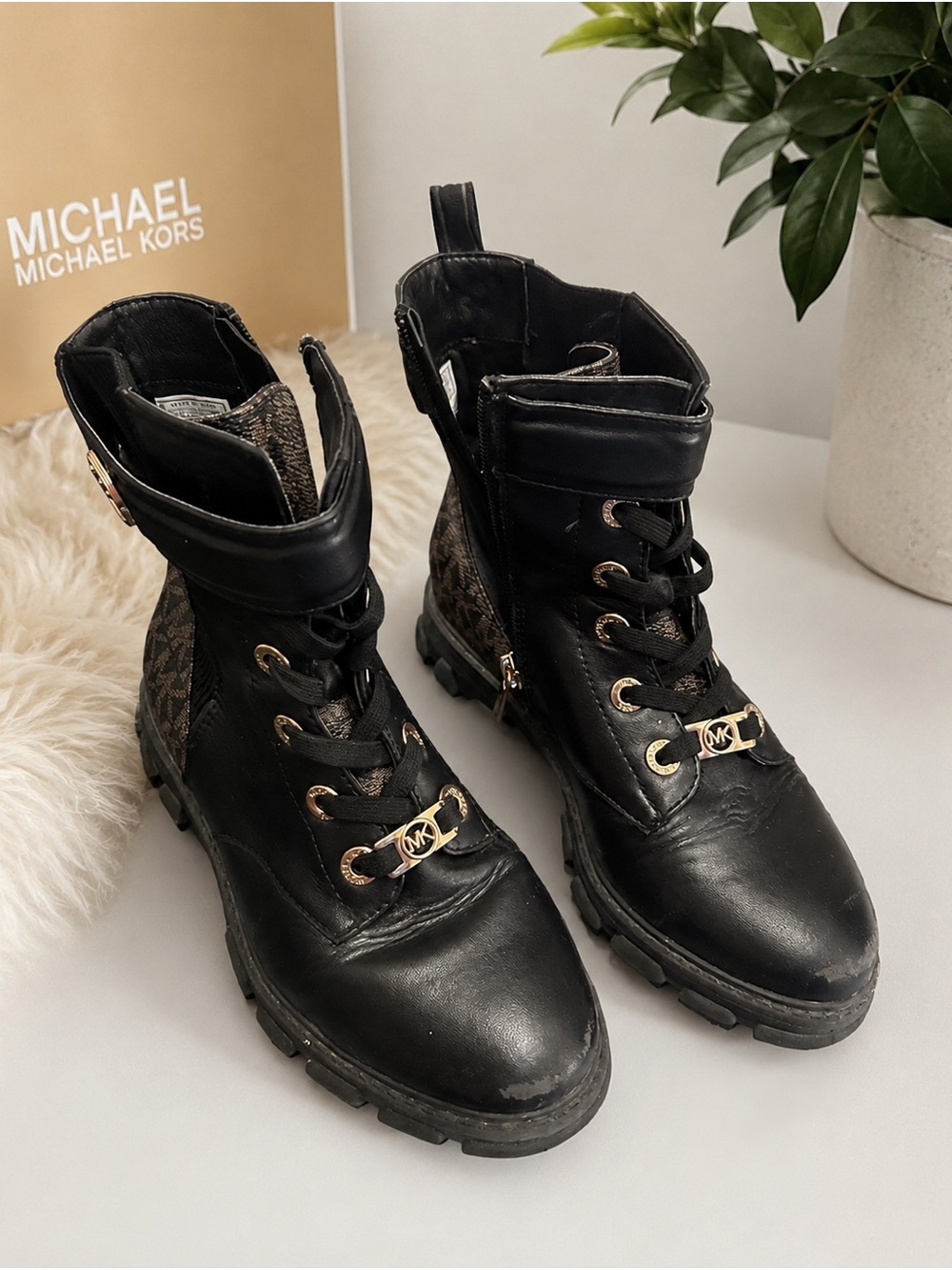 Michael Kors Black Combat Boots with MK Logo Hardware